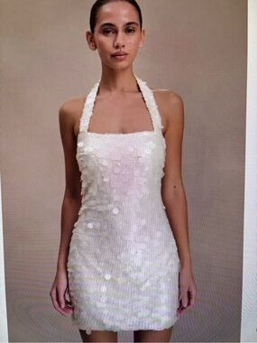 Mekhi Caralee Sequin Halter Mini Dress Itidencet Disc Sequin Ivory Size XS